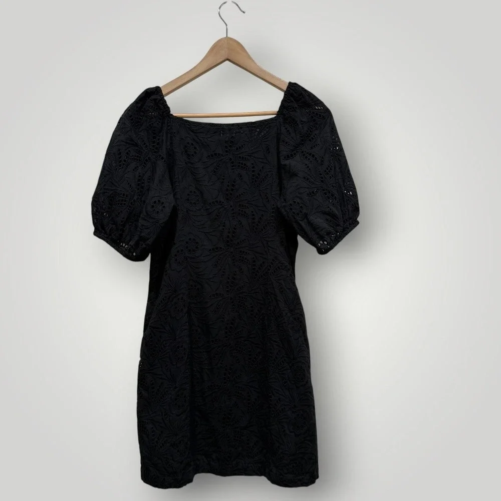 Free People Black‎ Eyelet Puff Sleeve Button Front Mini Dress Womens Size 10